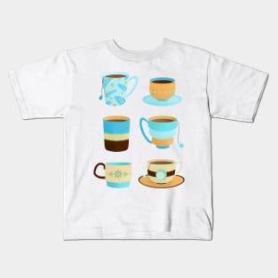 Blue and tan retro tea cups Kids T-Shirt